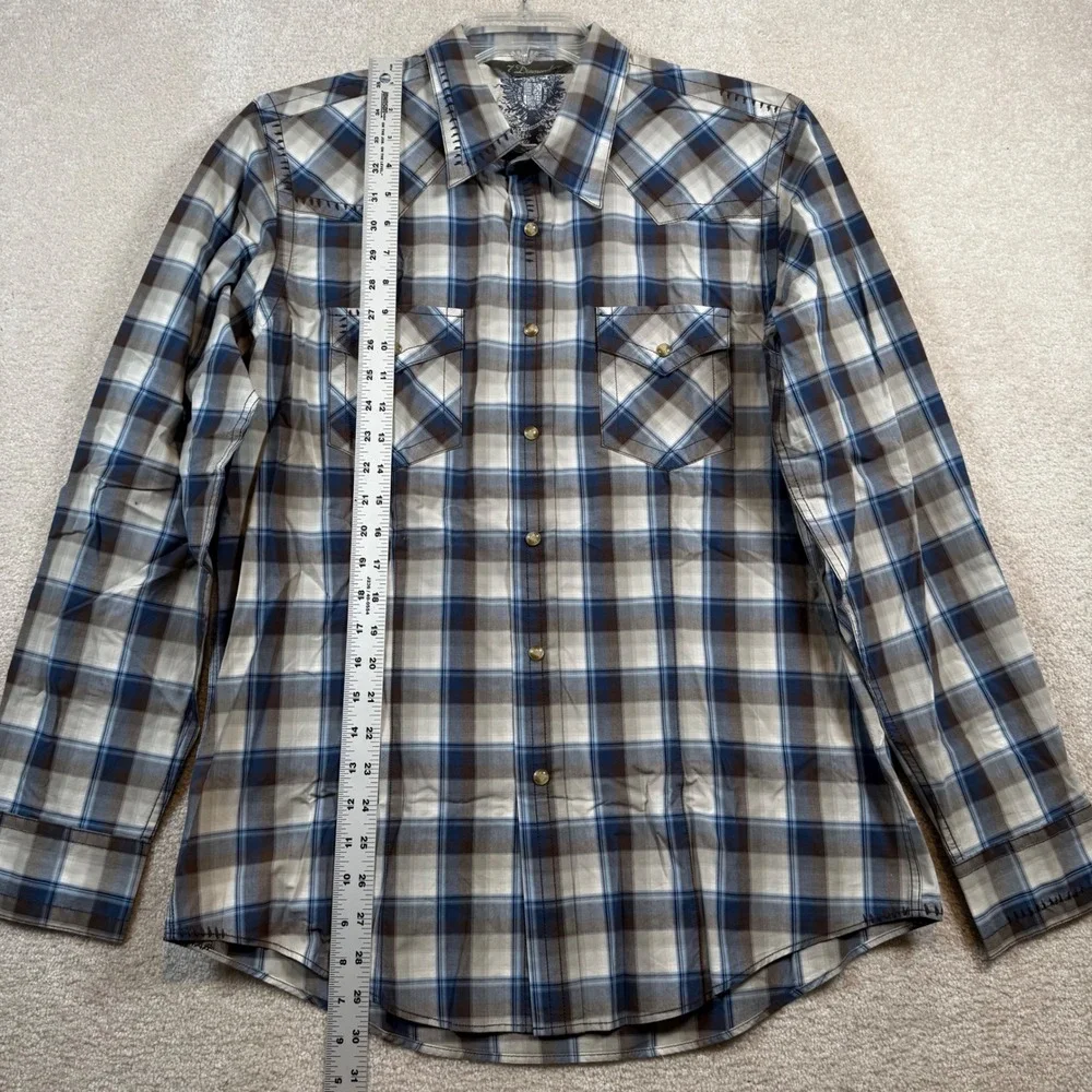 7 Diamonds Mens XL Blue Plaid Western Snap Button Embroidered Long Sleeve Shirt